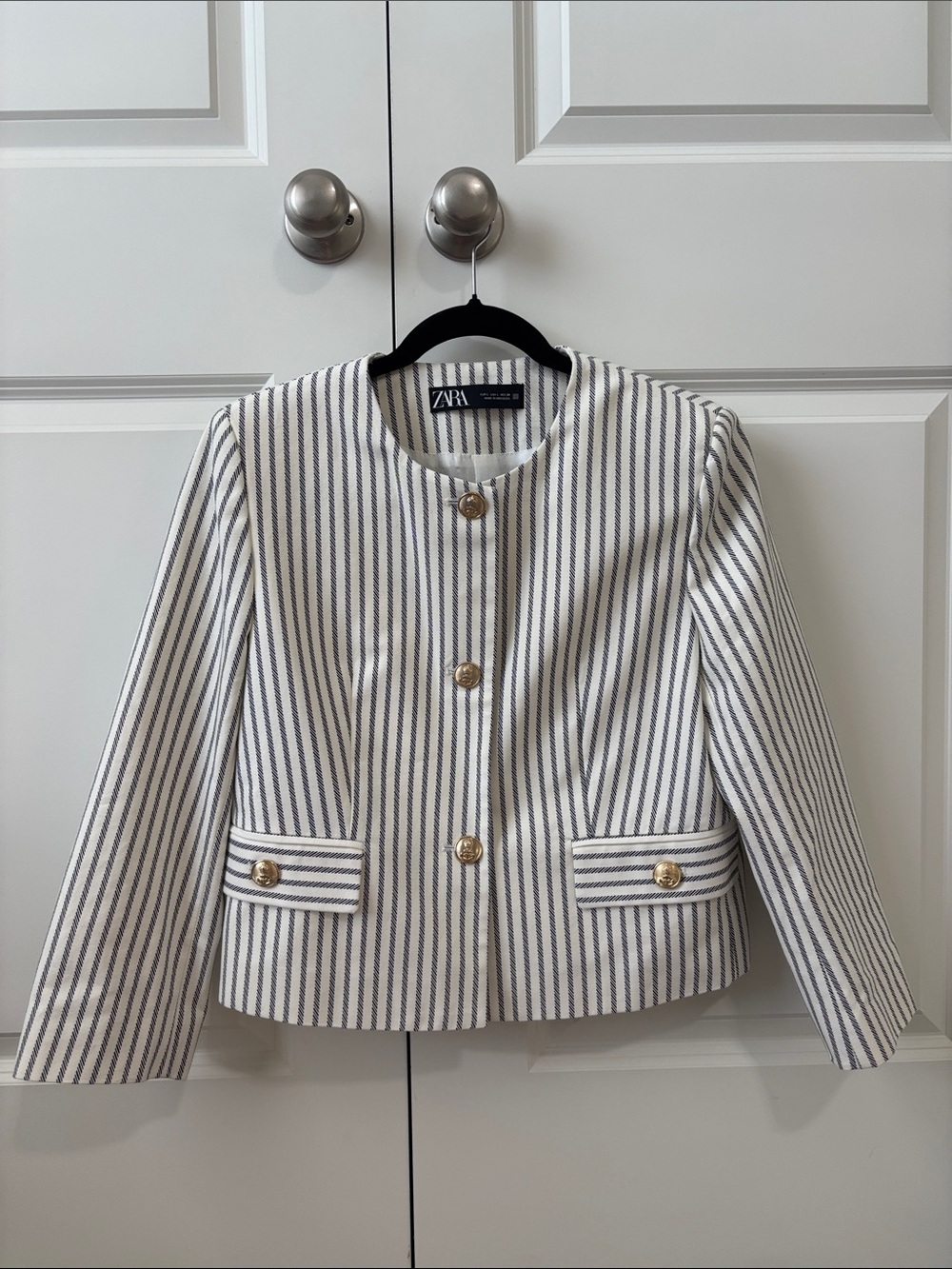 Zara White and Navy Striped Cropped Jacket with Gold Buttons